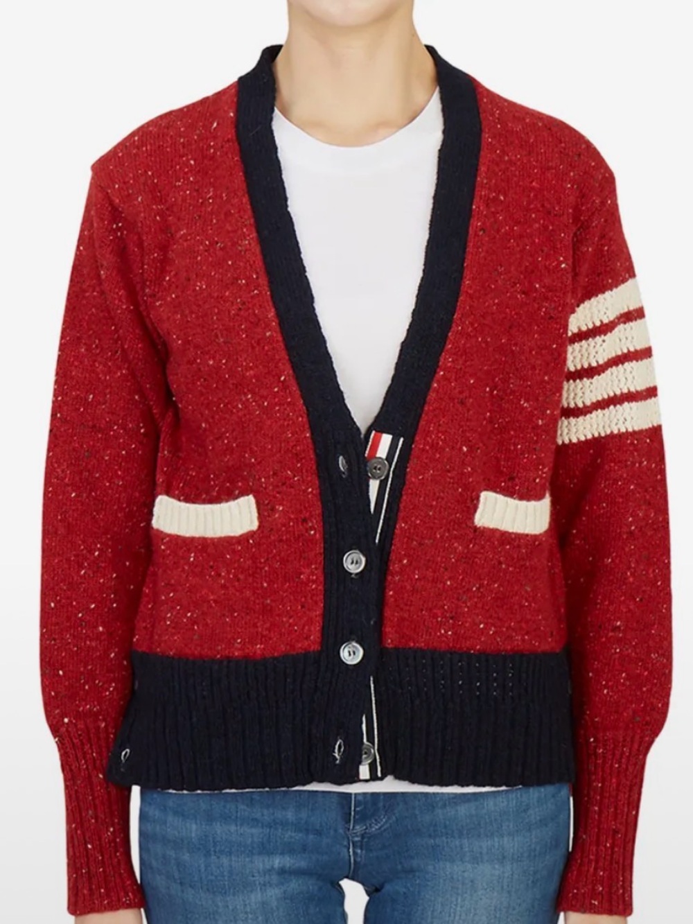 Thom Browne Jersey Stitch Diagonal Stripe Women's Wool Mohair Tweed Cardigan